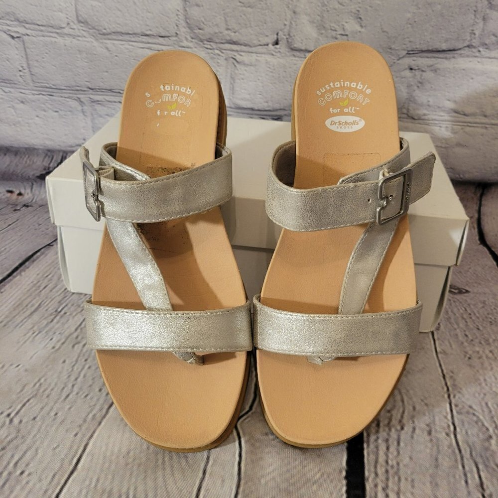 Dr. Scholl's Island Dream Silver Slip On Open Toe Straps Flat Slide Sandals